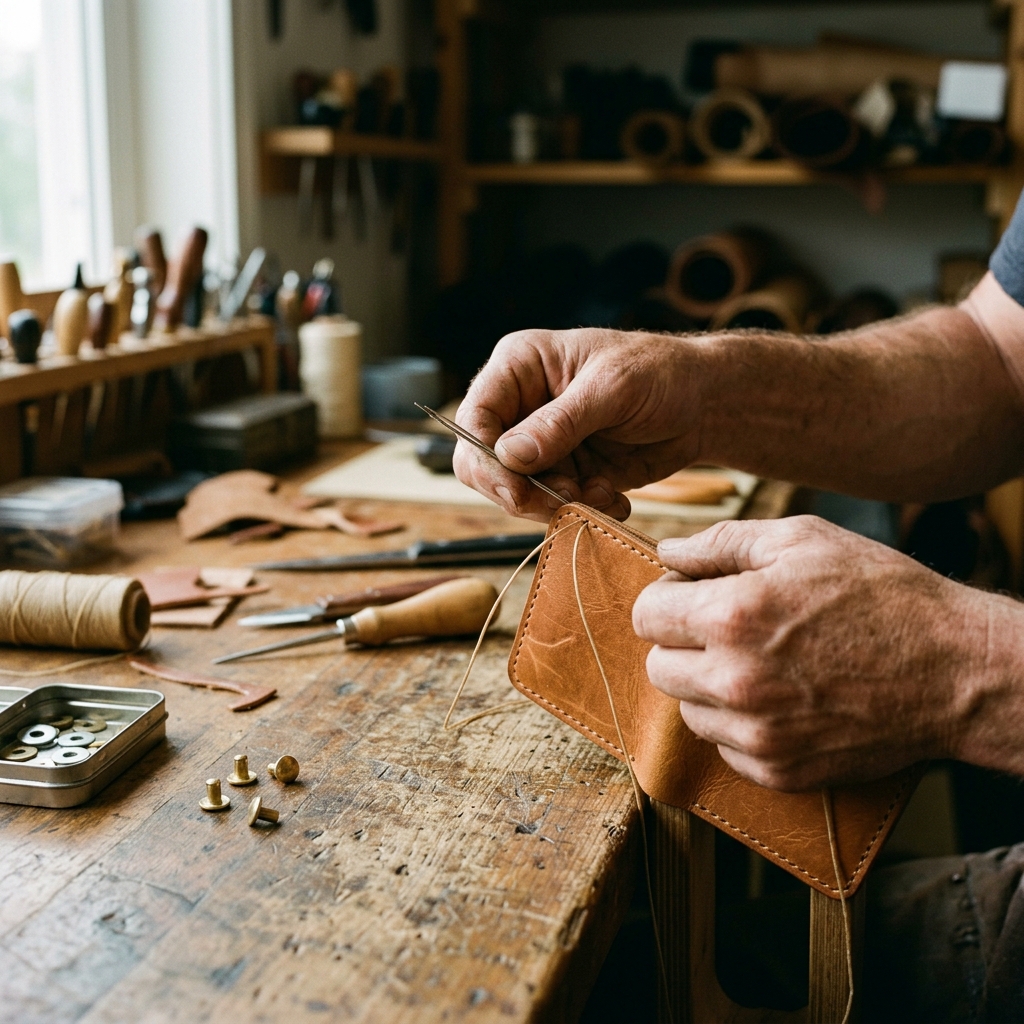 Leather worker hand-tooling a stitched piece