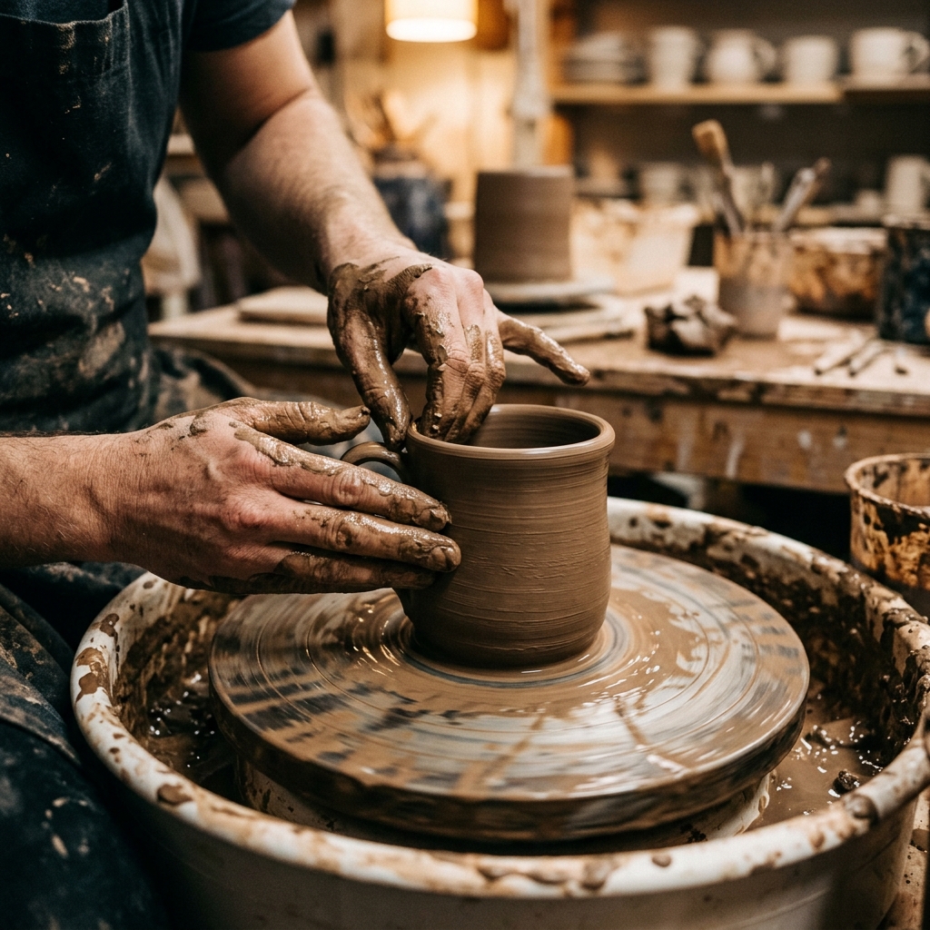 Hands shaping a ceramic mug on a potter's wheel