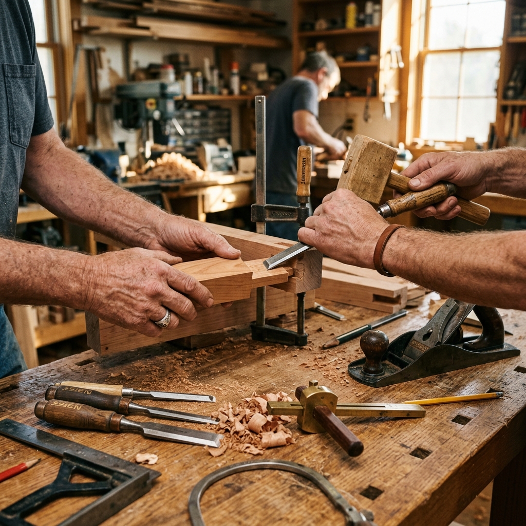 Hands at work in a busy artisan workshop