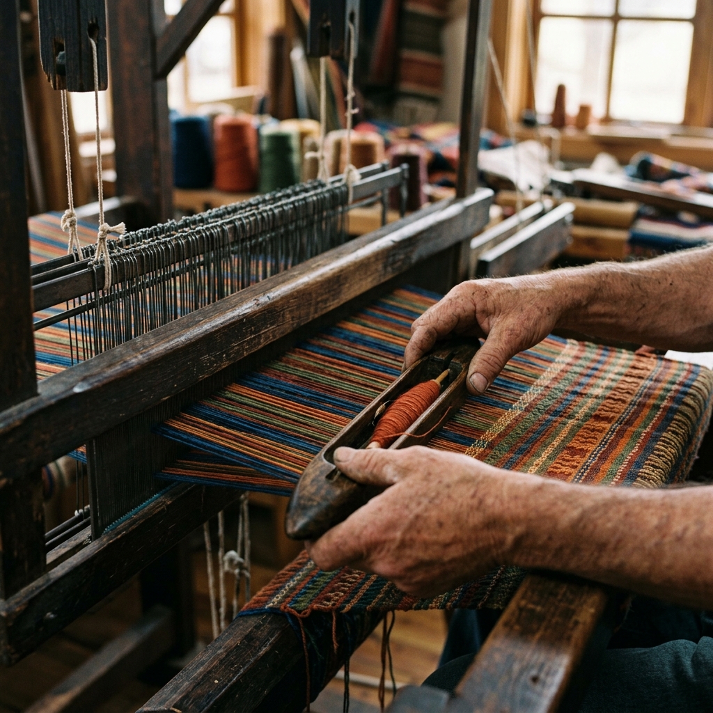 Weaver working colored threads on a loom