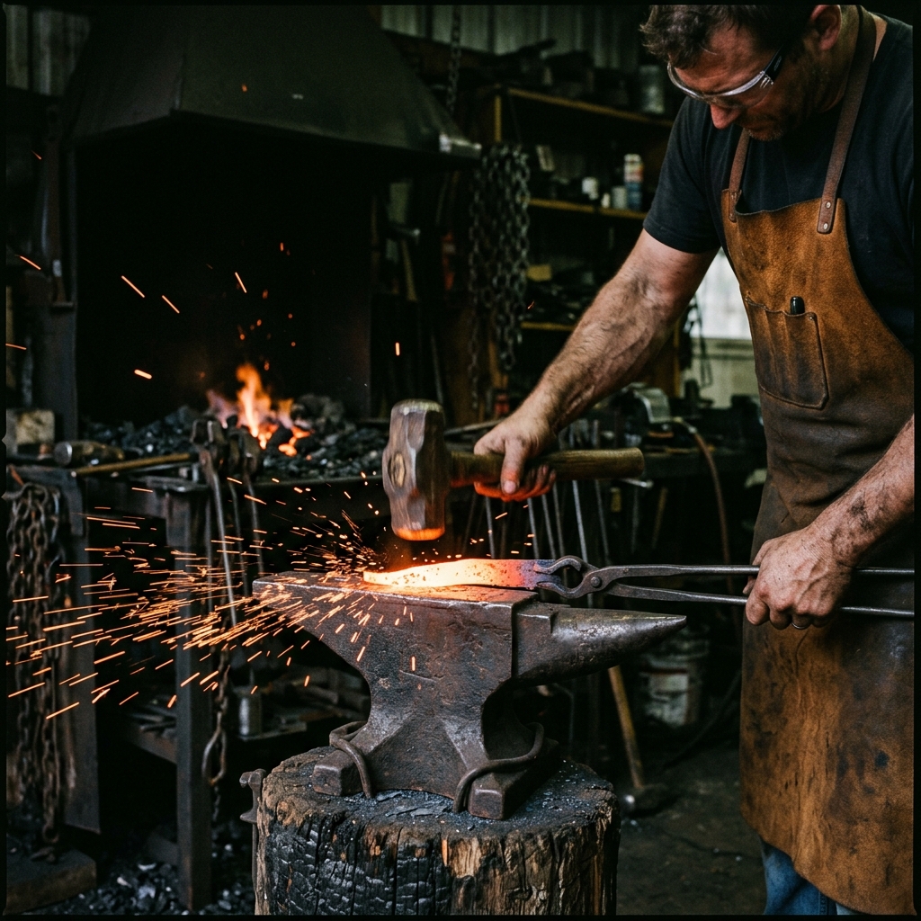 Blacksmith hammering hot iron on an anvil