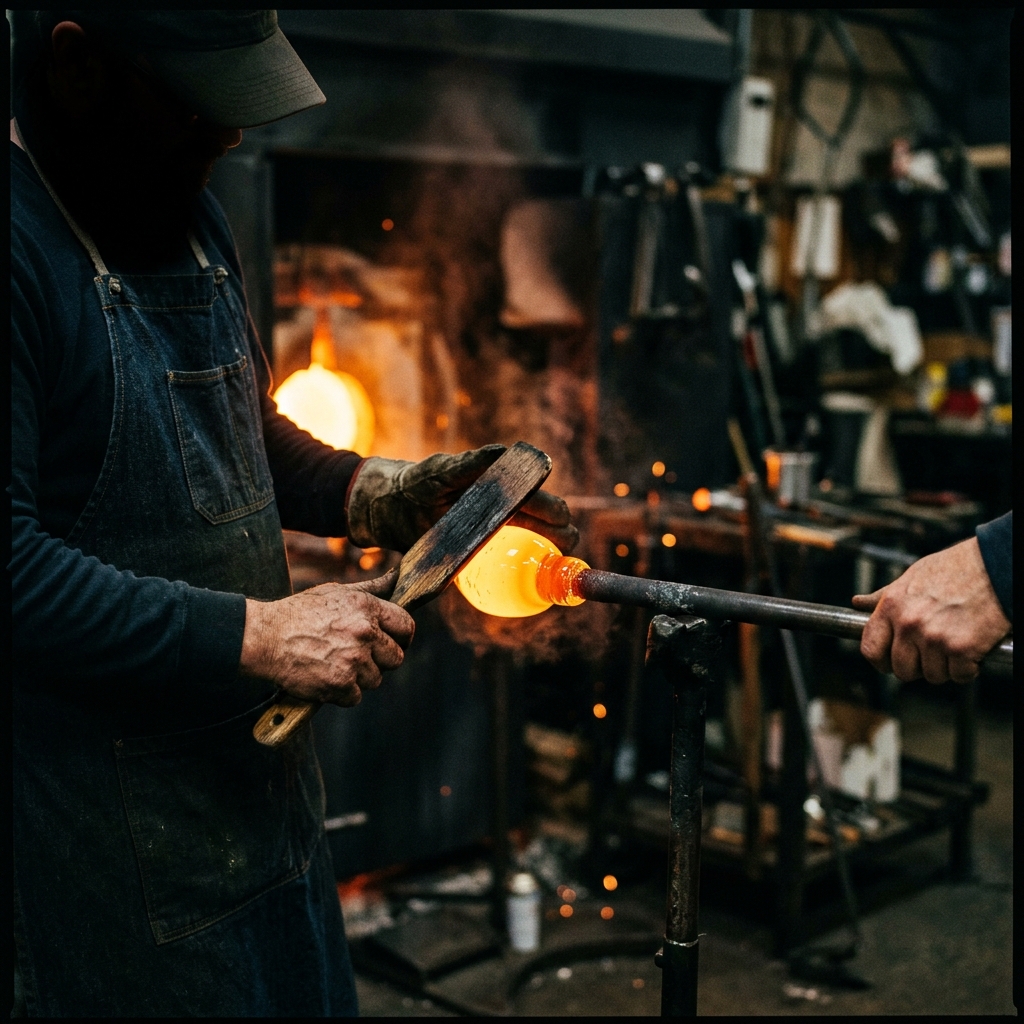 Glassblower shaping molten glass