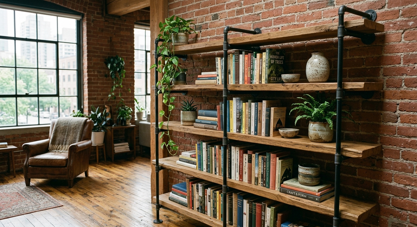Industrial Pipe + Oak Bookshelf